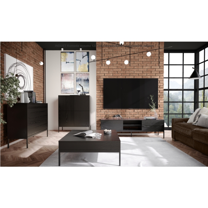 Wysoka komoda Riva 120 cm czarna z metalowymi nogami do salonu, przedpokoju