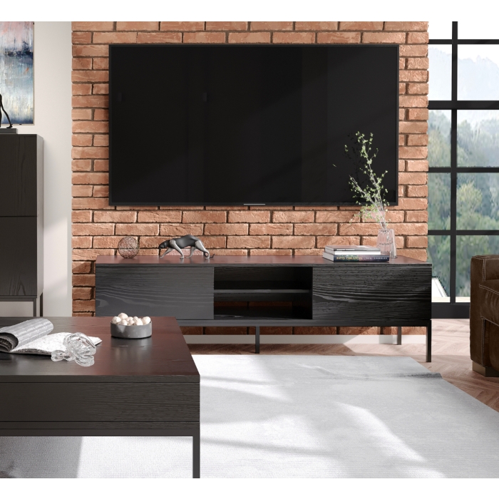 Szafka RTV Riva 170 cm czarna z metalowymi nogami w stylu nowoczesnym do salonu