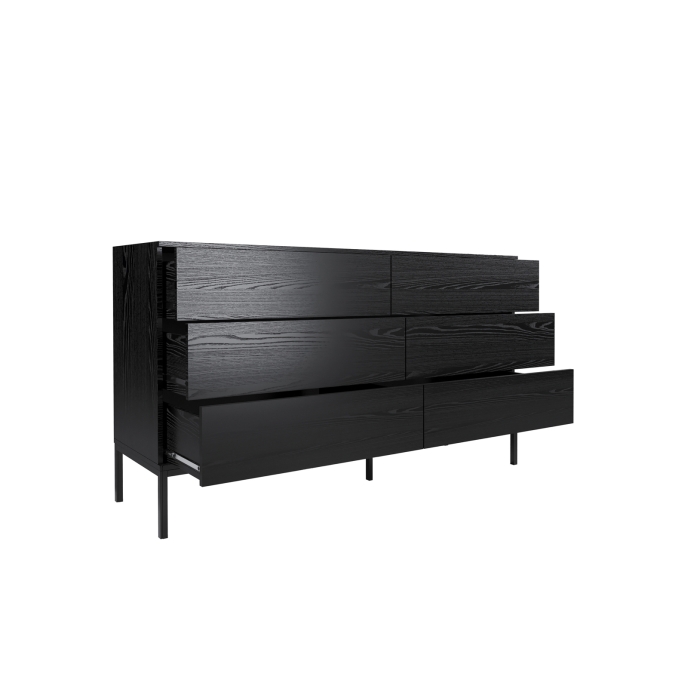 Szeroka komoda Riva 150 cm czarna z 6 szufladami w stylu nowoczesnym do salonu, przedpokoju