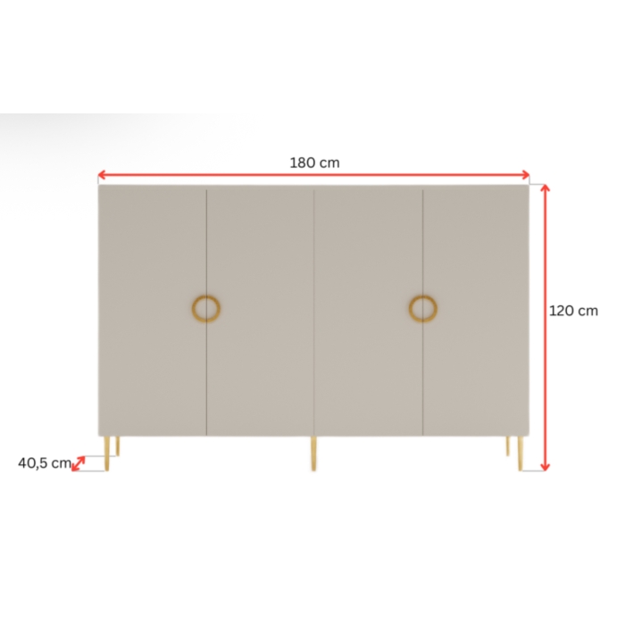 Komoda Milano 180 cm ze złotymi dodatkami w stylu glamour do salonu, sypialni