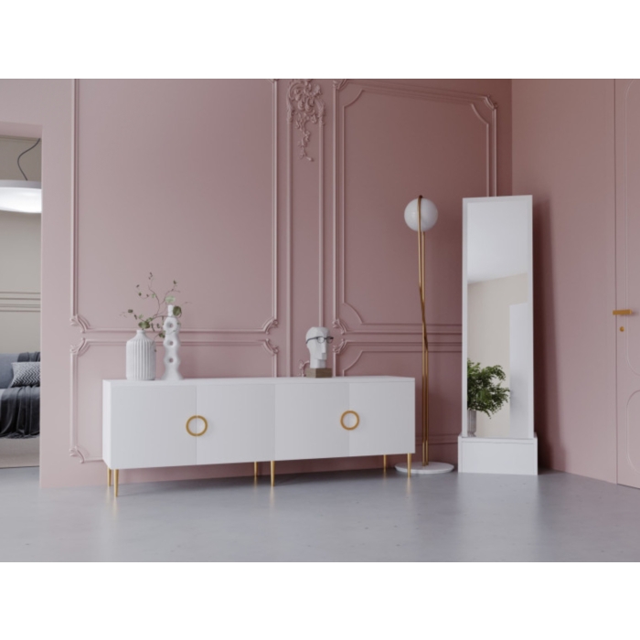 Komoda niska Milano 180 cm ze złotymi dodatkami w kolorze kaszmiru w stylu eleganckim do salonu, sypialni, garderoby
