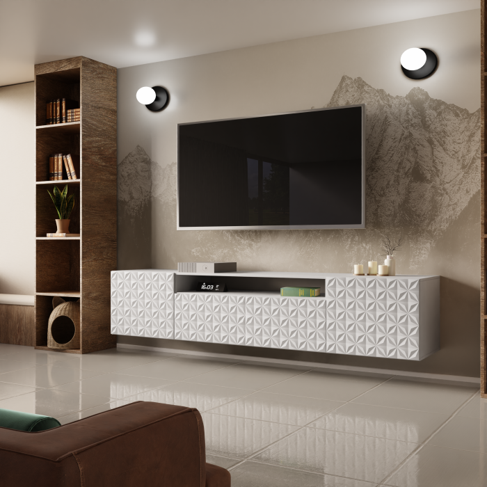 Komoda RTV wisząca Cody 7 200 cm kalejdoskop + biały z białym środkiem do salonu elegancka