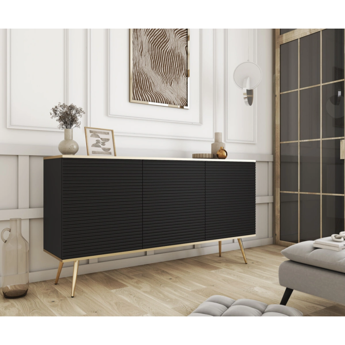 Komoda GROOVE K160 Beż – 3 szafki, ryflowane fronty