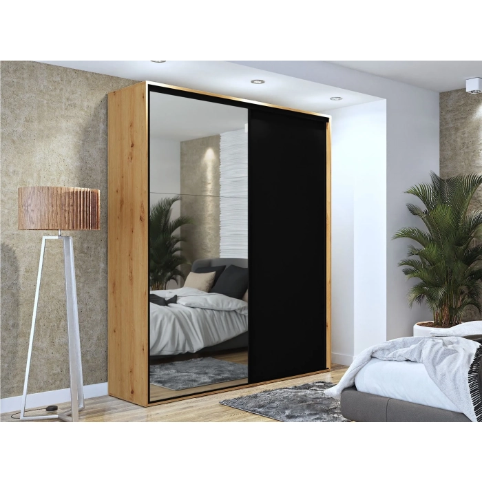 Szafa przesuwna Black IV z lustrem 200 cm czarne dodatki okucia