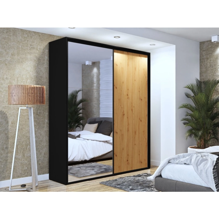 Szafa przesuwna Black IV z lustrem 200 cm czarne dodatki okucia