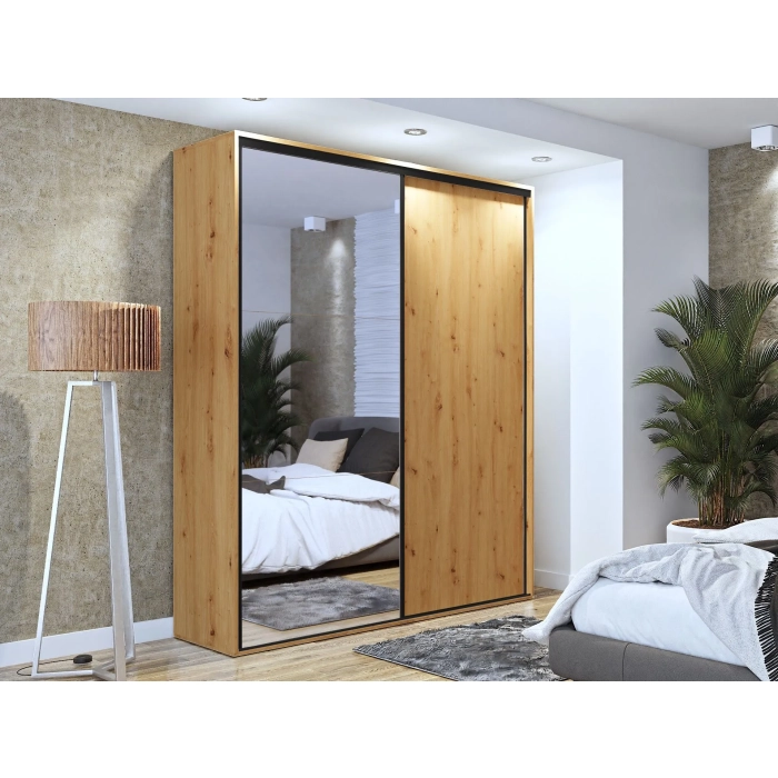 Szafa przesuwna Black IV z lustrem 200 cm czarne dodatki okucia