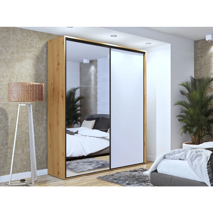 Szafa przesuwna Black IV z lustrem 200 cm czarne dodatki okucia