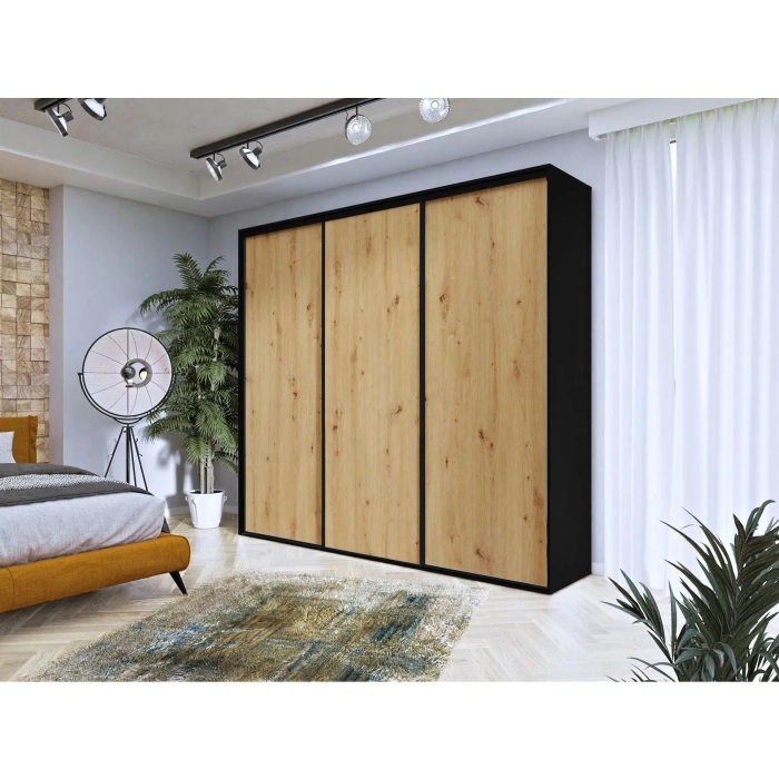 Szafa przesuwna Black II 275 cm czarna dąb artisan z wyposażeniem
