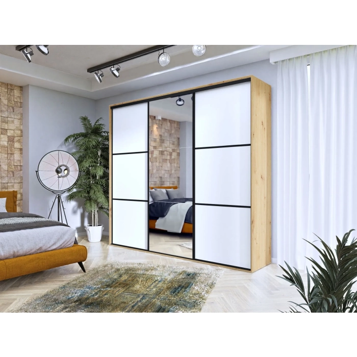 Szafa przesuwna Black III 275 cm lustrem czarne dodatki loftowa