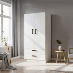 Klasyczna Dwudrzwiowa szafa MOOD 2 z szufladami 90 cm kaszmirowa, biała i inne kolory z półkami i drążkiem do przedpokoju, sypialni