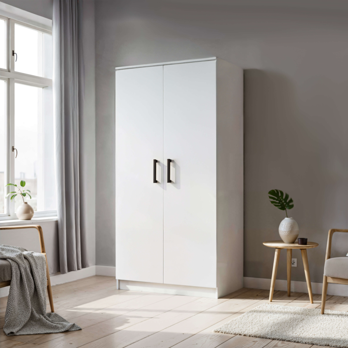 Klasyczna Dwudrzwiowa szafa MOOD 90 cm kaszmirowa z półkami i drążkiem do przedpokoju, sypialni