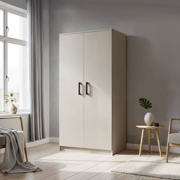Klasyczna Dwudrzwiowa szafa MOOD 90 cm kaszmirowa z półkami i drążkiem do przedpokoju, sypialni