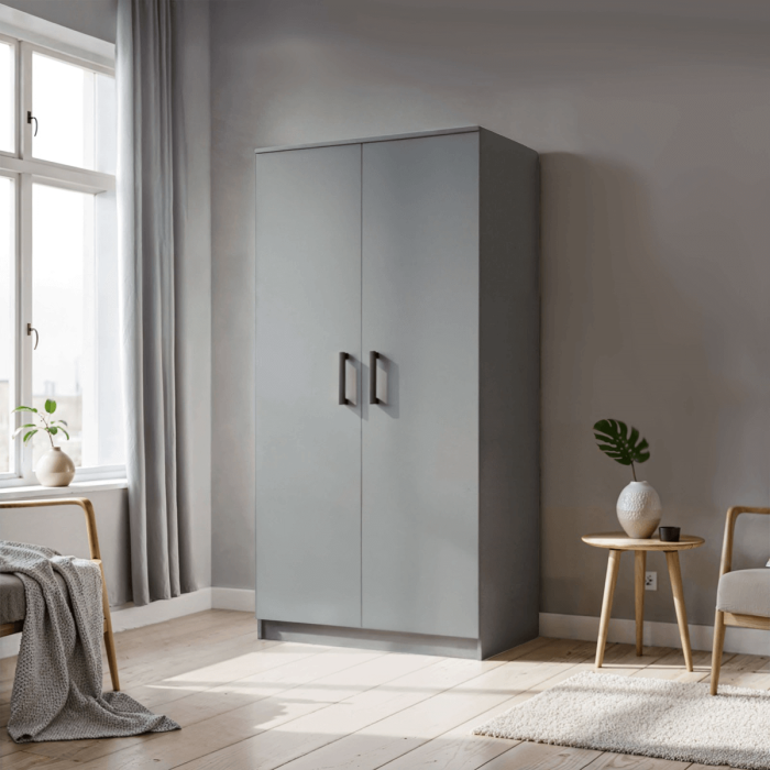 Klasyczna Dwudrzwiowa szafa MOOD 90 cm kaszmirowa z półkami i drążkiem do przedpokoju, sypialni
