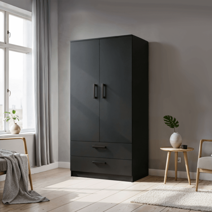 Klasyczna Dwudrzwiowa szafa MOOD 2 z szufladami 90 cm kaszmirowa, biała i inne kolory z półkami i drążkiem do przedpokoju, sypialni