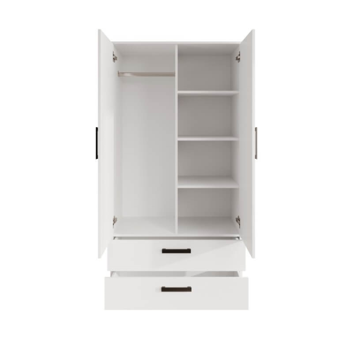 Klasyczna Dwudrzwiowa szafa MOOD 2 z szufladami 90 cm kaszmirowa, biała i inne kolory z półkami i drążkiem do przedpokoju, sypialni