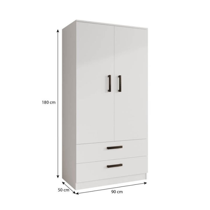 Klasyczna Dwudrzwiowa szafa MOOD 2 z szufladami 90 cm kaszmirowa, biała i inne kolory z półkami i drążkiem do przedpokoju, sypialni
