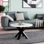 Stolik kawowy Noe 60 z marmurowym blatem bianco, okrągły fi 58 cm, czarne nogi, styl glamour loft
