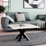Duży, kwadratowy stolik kawowy Noe 90x90 cm do salonu z blatem mamur bianco jasny, czarne nogi metalowe, styl glamour loft