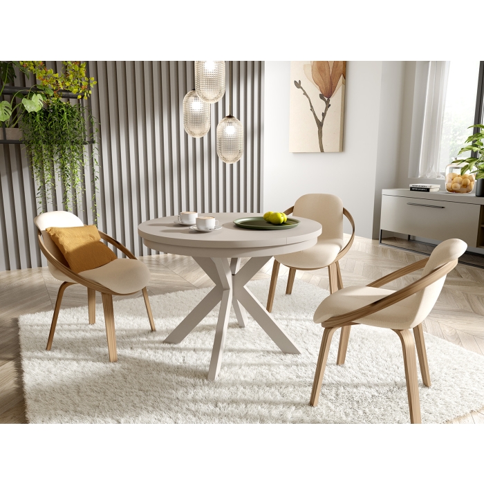 Stół okrągły rozkładany AVERO – kolor kaszmir, nowoczesny design, funkcja rozkładania do 180 cm