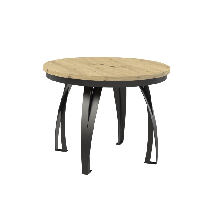 Stół rozkładany okrągły IRVINE 100–138 cm – loftowy design, blat dąb craft biały, czarne metalowe nogi