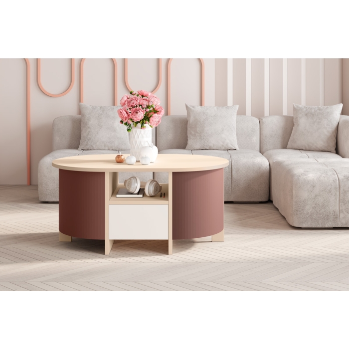 Ława FIORINA 100x68 cm – Nowoczesna owalna ława z półką i szufladą | Amore Colore