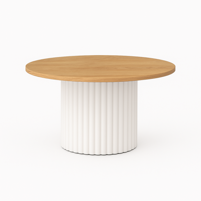 Stolik kawowy MIKO – okrągły blat 58, 75, 90 cm biały podstawa ryflowana, lamele, 10 kolorów blatu dąb hikora, biały, czarny, marmur