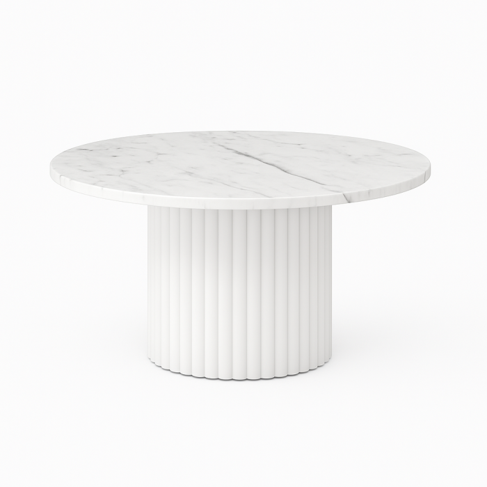 Stolik kawowy MIKO – okrągły blat 58, 75, 90 cm biały podstawa ryflowana, lamele, 10 kolorów blatu dąb hikora, biały, czarny, marmur