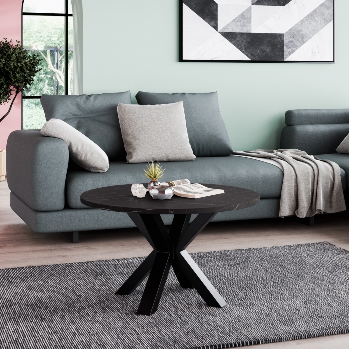 Stolik kawowy Noe 60 czarny marmur z białymi zyłami okrągły fi 58 cm, czarne nogi, styl glamour loft