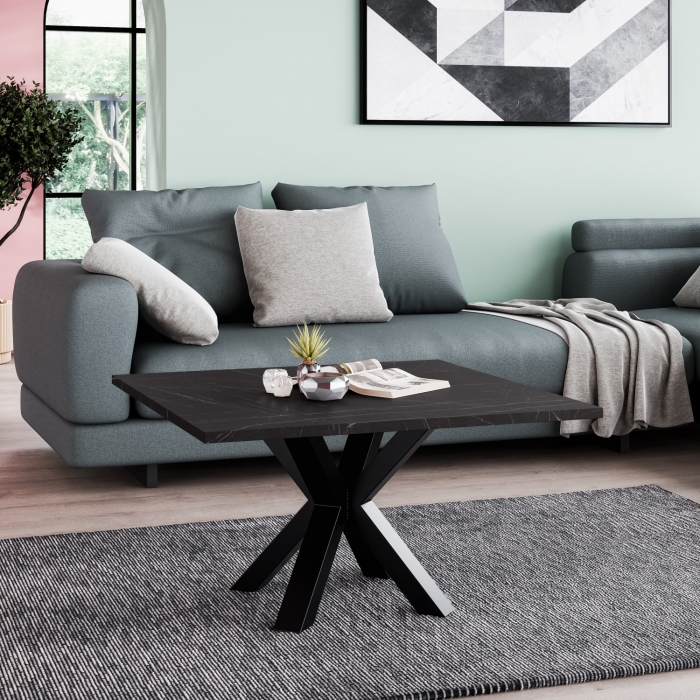 Stolik kawowy Noe 80x80 cm do salonu z blatem w kolorze czarny marmur z białymi żyłami, nogi w kształcie pająka, styl glamour loft