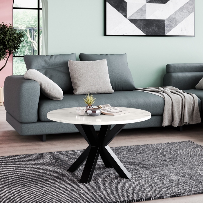 Stolik kawowy Noe 60 z marmurowym blatem bianco, okrągły fi 58 cm, czarne nogi, styl glamour loft