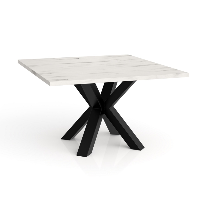 Duży, kwadratowy stolik kawowy Noe 90x90 cm do salonu z blatem mamur bianco jasny, czarne nogi metalowe, styl glamour loft