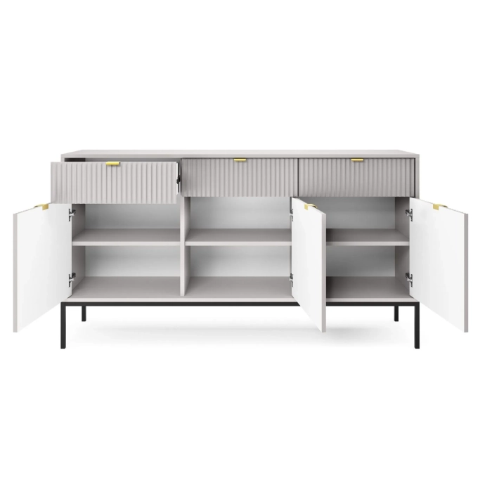 Komoda z szufladami New Grey 154 cm szara złote uchwyty ryflowane fronty