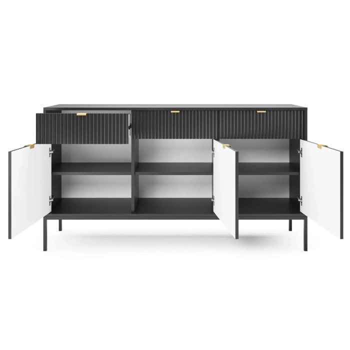Komoda z szufladami New Black 154 cm czarna złote uchwyty ryflowane fronty