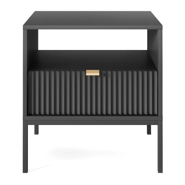 Szafka nocna z szufladą New Black czarna na metalowych nóżkach ryflowany front