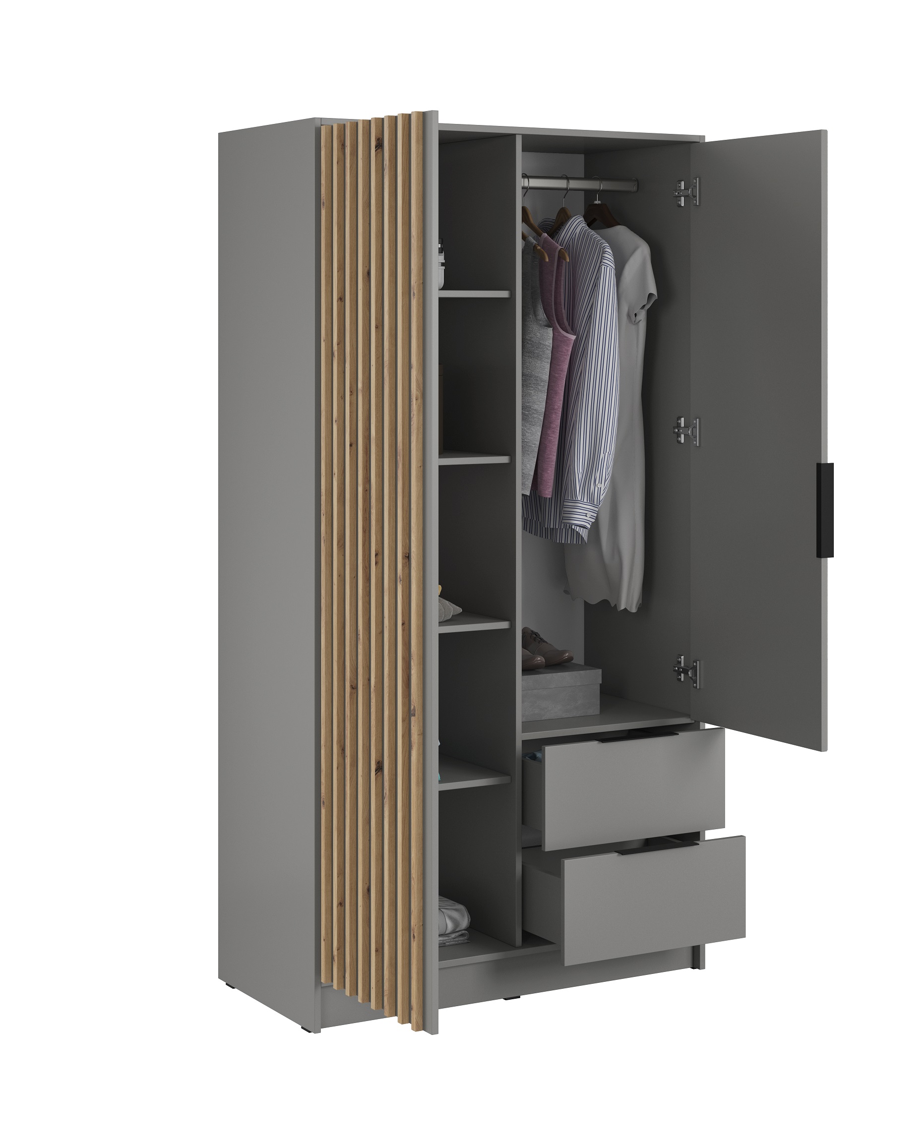 Szafa dwudrzwiowa Nel 105 cm szara/czarne lamele szufladami