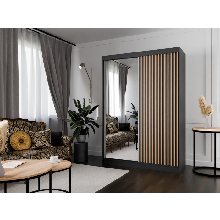 Szafa przesuwna ART 10 150 cm z lustrem w kolorze czarnym z dębowymi lamelami do sypialni, salonu, garderoby