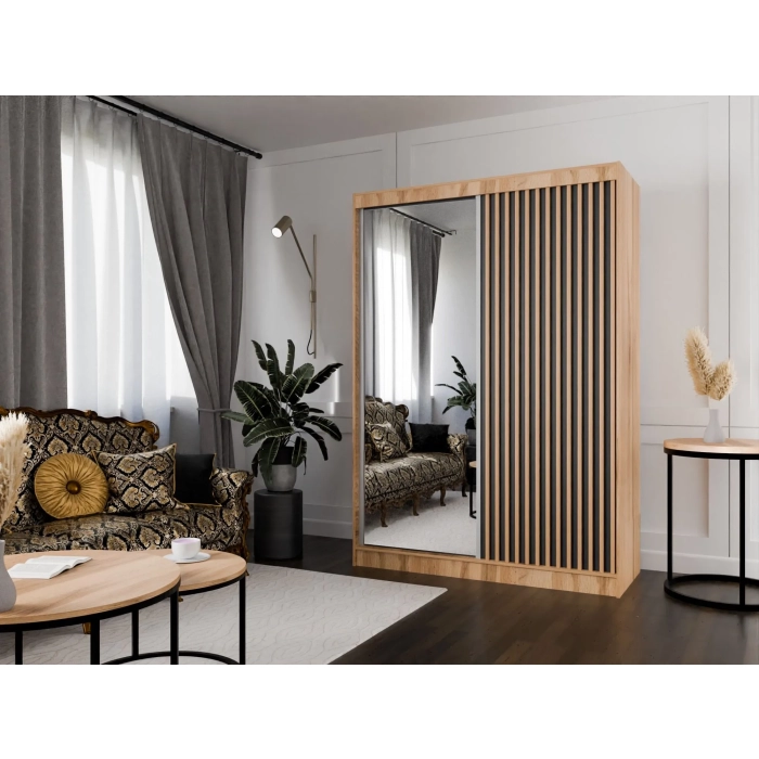 Szafa przesuwna ART 9 150 cm z lamelami w kolorze dąb craft złoty do sypialni, salonu, garderoby