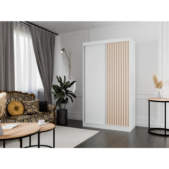 Szafa przesuwna ART 6 120 cm w kolorze białym z dębowymi lamelami do salonu sypialni czy jako garderoba