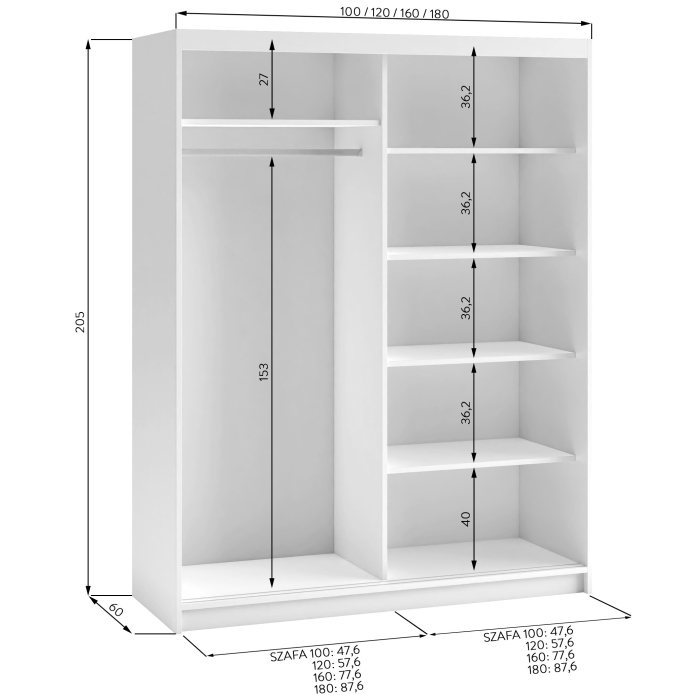 Szafa przesuwna Amera 100, 120, 160, 180 cm w klasycznym stylu w kolorze białym, czarnym, dąb artisan do sypialni, przedpokoju, garderoby