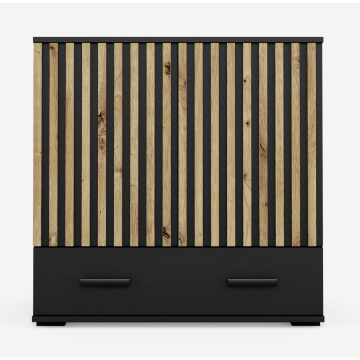 Komoda z lamelami i szufladą BLACK 02 90 cm w kolorze czarnym, lamele dąb artisan